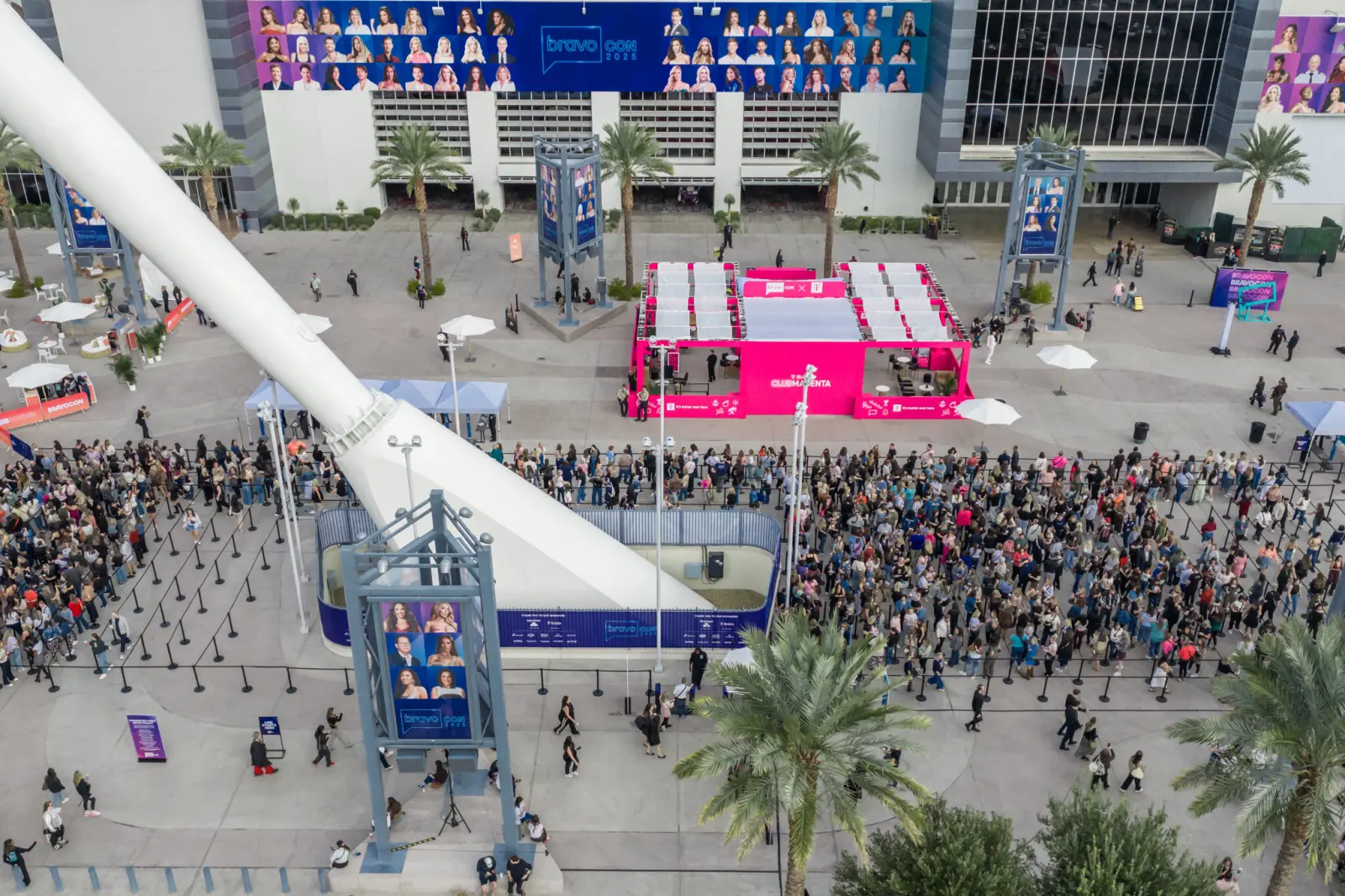 Aerial view of the BravoCon 2025 outdoor plaza beside the High Roller in Las Vegas
