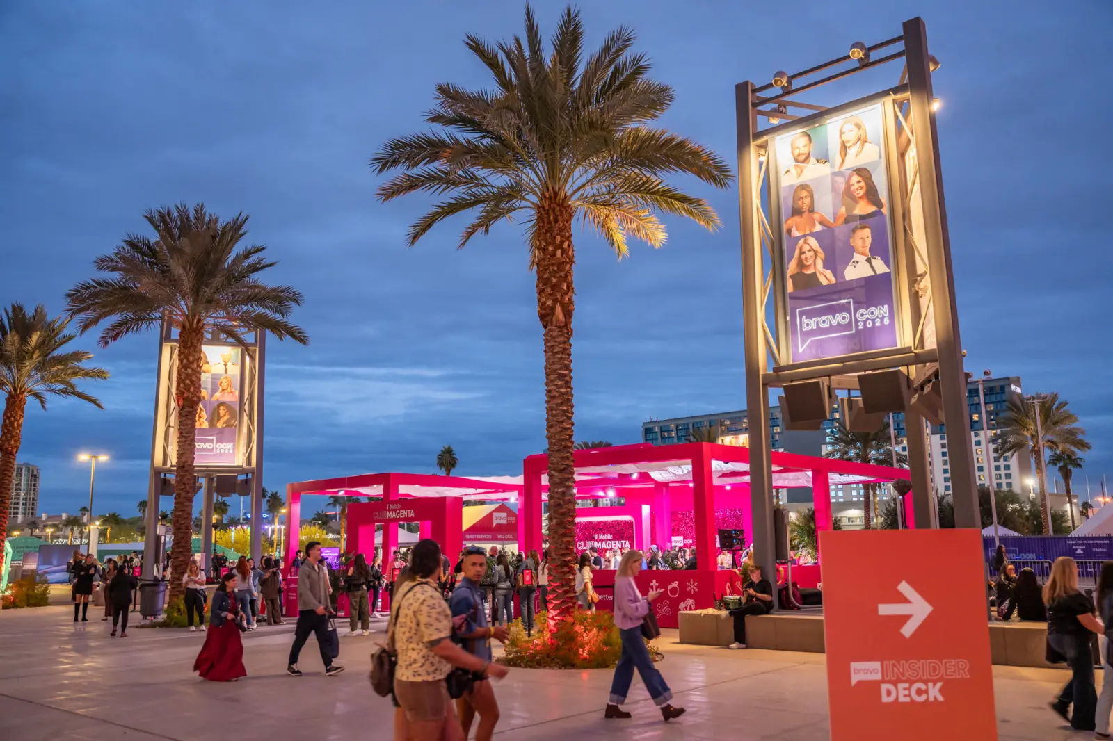 The BravoCon 2025 outdoor entrance at dusk on the Las Vegas Strip