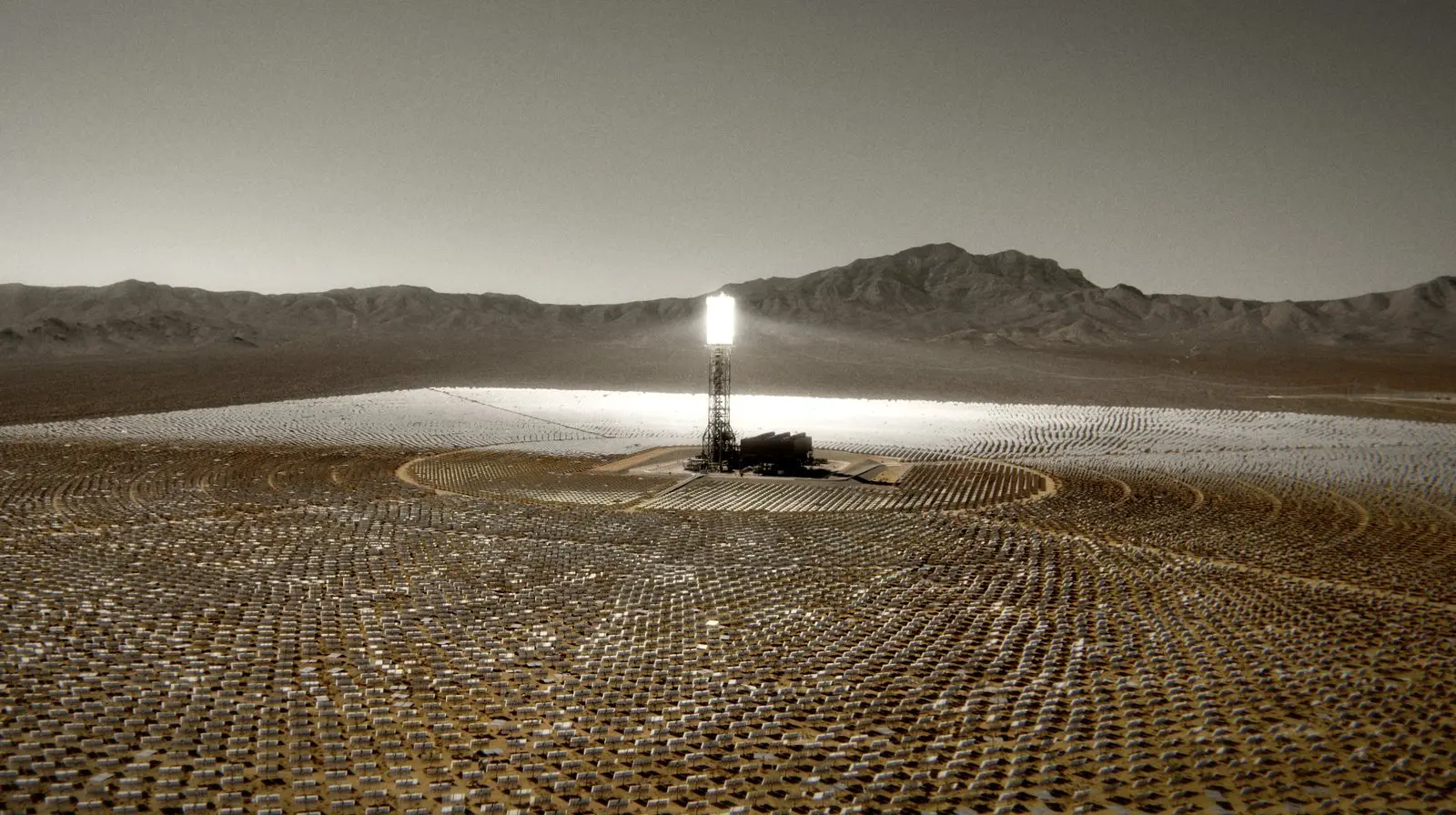 A desert solar field graded with the Festival Rust look and film finishing