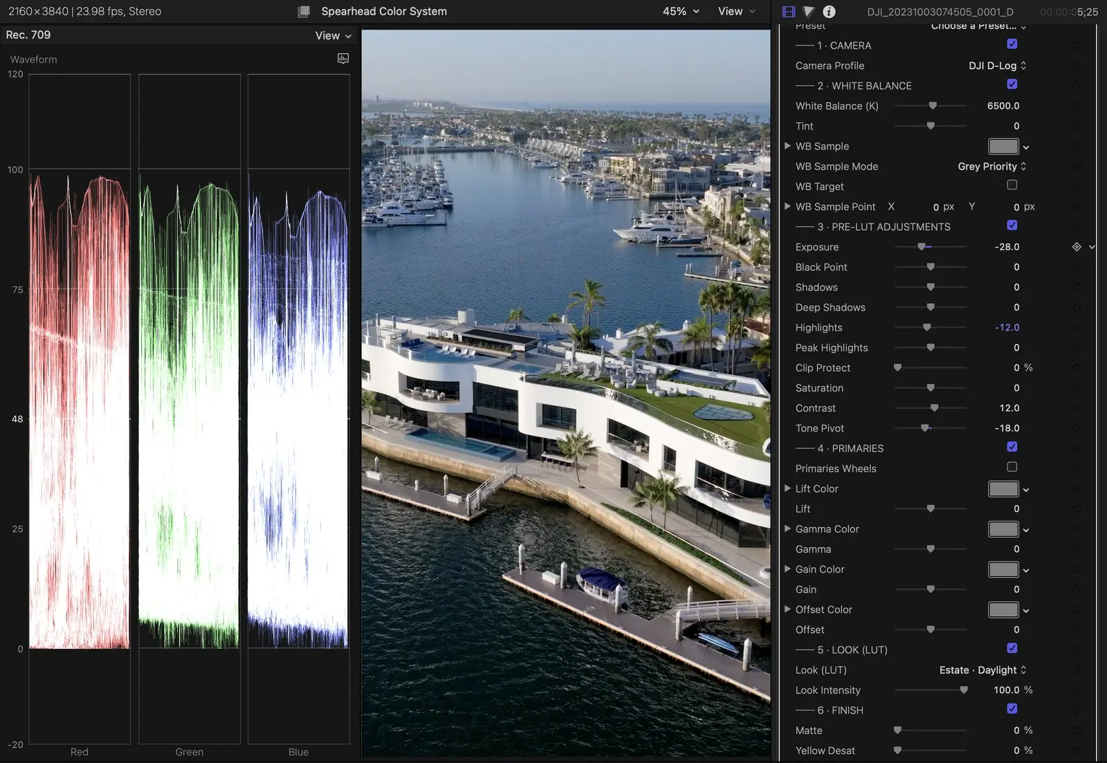 Estate Daylight on a waterfront home in Final Cut Pro, with the waveform