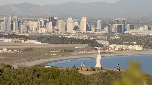 The view of Cabrillo Statue at Cabrillo National Monument in Point Loma with Coronado and Downtown San Diego in the Background | Video