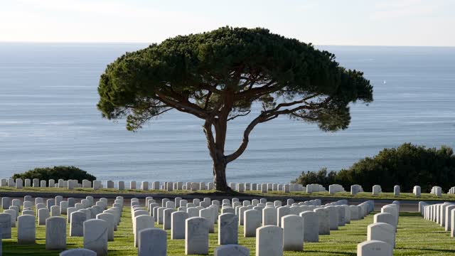 The view of the ocean and headstones at Fort Rosecrans National Cemetery in Point Loma | Video