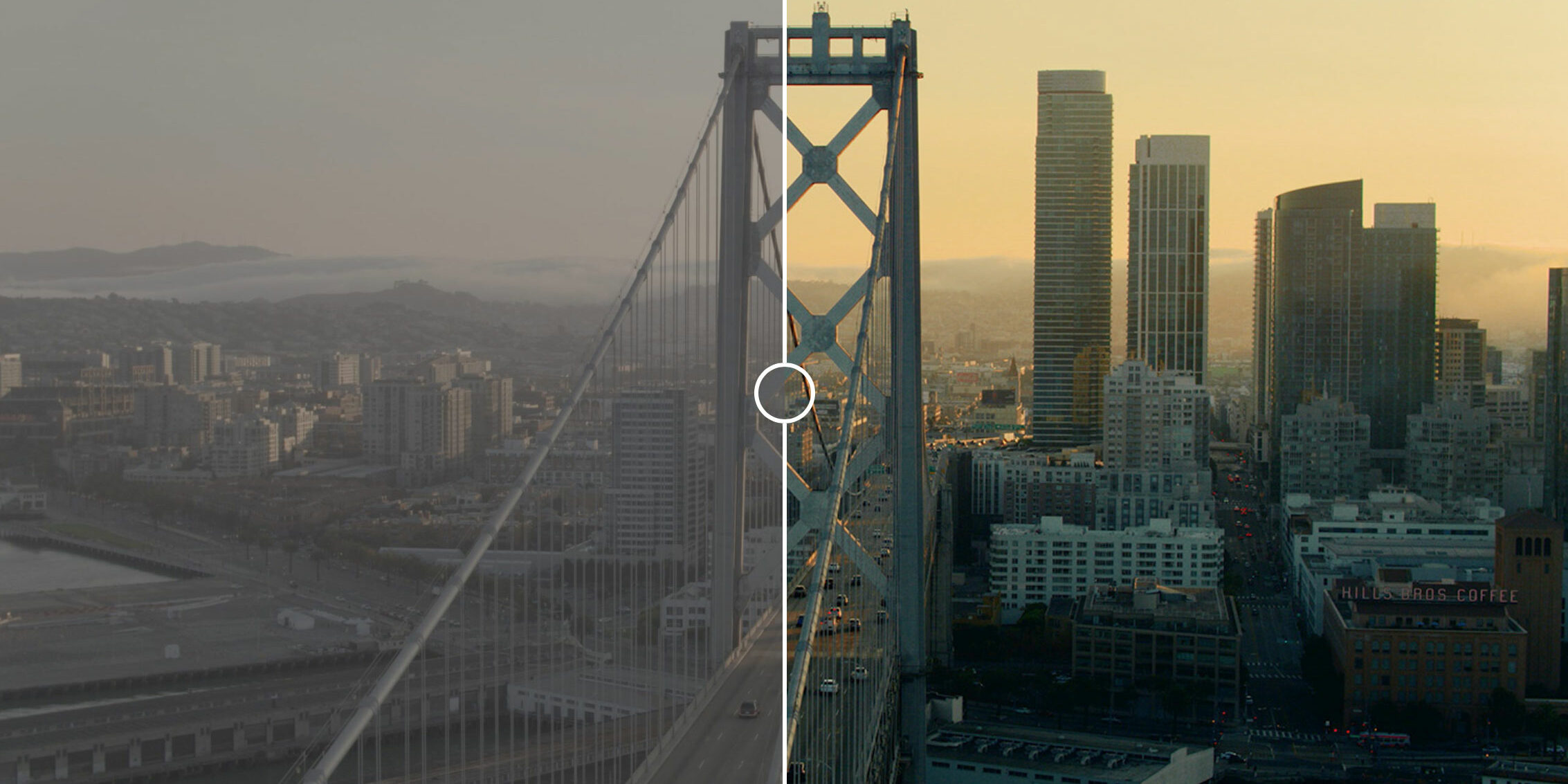 Photo of a before and after application of a Spearhead Creators Store LUTs of the Golden Gate Bridge.