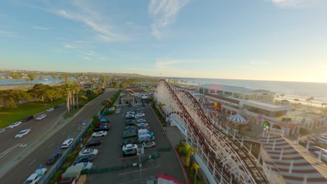 Mission Beach Belmont Park and the Roller coaster during a beautiful San Diego Sunset | FPV Drone Video – 1