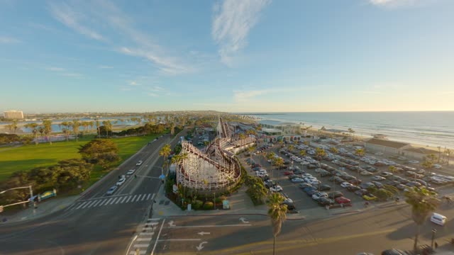 Mission Beach Belmont Park and the Roller coaster during a beautiful San Diego Sunset | FPV Drone Video – 3