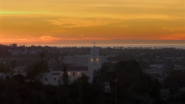 The Junipero Serra Museum in Presidio Park in Mission Hills overlooking Mission Valley during Sunset | Drone Video – 2