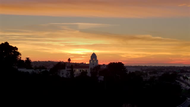 The Junipero Serra Museum in Presidio Park in Mission Hills overlooking Mission Valley during Sunset | Drone Video – 4
