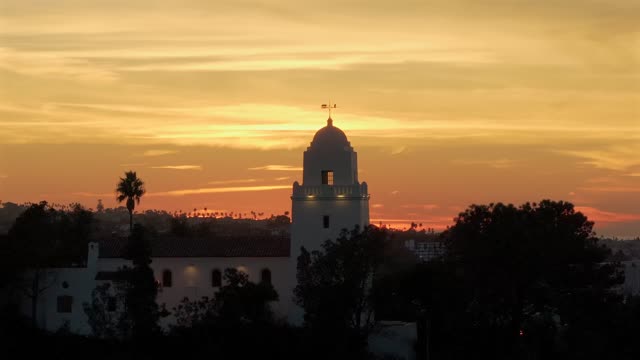 The Junipero Serra Museum in Presidio Park in Mission Hills overlooking Mission Valley during Sunset | Drone Video – 9