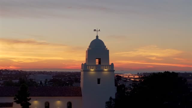 The Junipero Serra Museum in Presidio Park in Mission Hills overlooking Mission Valley during Sunset | Drone Video – 10
