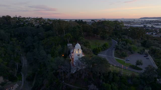 The Junipero Serra Museum in Presidio Park in Mission Hills overlooking Mission Valley during Sunset | Drone Video – 12