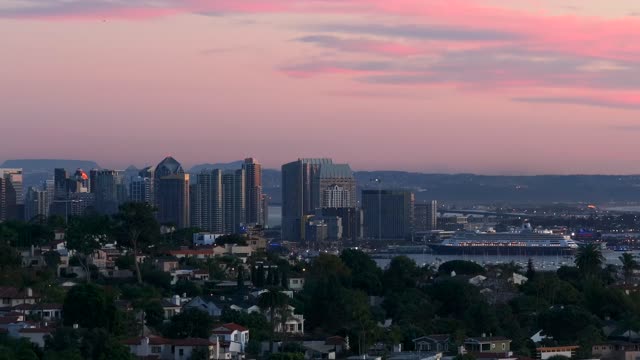 A view of the Downtown San Diego Skyline over Mission Hills during sunset and twilight | Drone Video