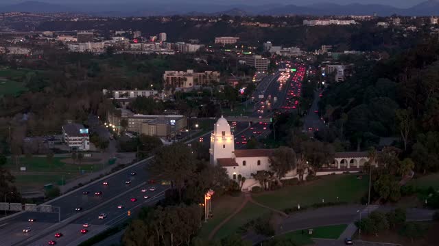 The Junipero Serra Museum in Presidio Park in Mission Hills overlooking Mission Valley during Sunset | Drone Video – 14