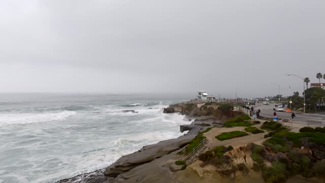 A Stormy and Cloudy day in La Jolla San Diego with big waves at Children’s Pool | Drone Video – 1