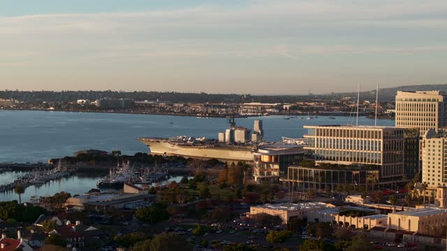 Aerial Drone footage of the USS Midway Aircraft Carrier in downtown San Diego Bay | Drone Video