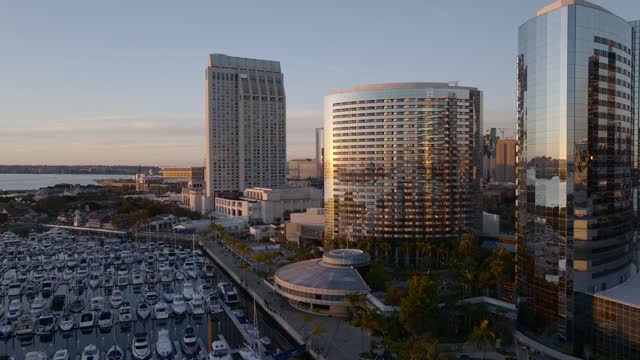 Aerial Drone footage of the San Diego Marriott Marquis in the Marina District downtown San Diego During Sunset | Drone Video