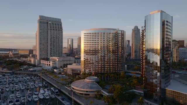 Aerial Drone footage of the San Diego Marriott Marquis in the Marina District downtown San Diego During Sunset | Drone Video – 1