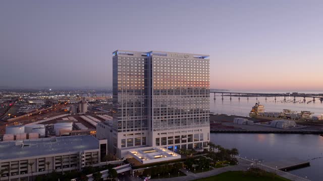 Aerial Drone footage of the Hilton Bayfront in downtown San Diego Bay During Twilight | Drone Video