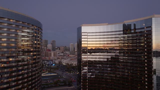 Aerial Drone footage of the San Diego Marriott Marquis in the Marina District downtown San Diego During Twilight | Drone Video – 1