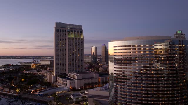 Aerial Drone footage of the San Diego Marriott Marquis in the Marina District downtown San Diego During Twilight | Drone Video – 2