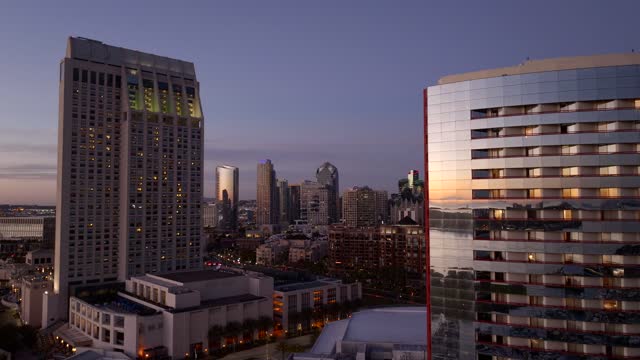 Aerial Drone footage of the San Diego Marriott Marquis in the Marina District downtown San Diego During Twilight | Drone Video – 3